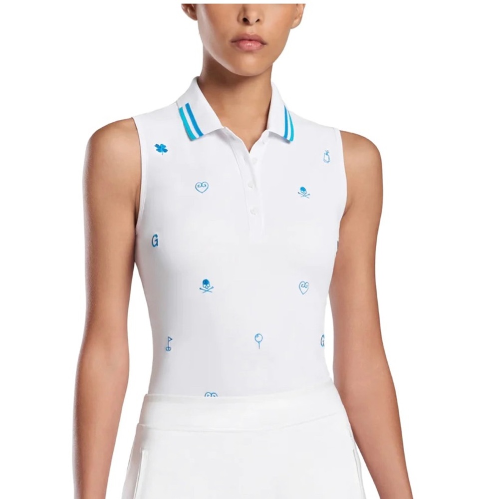 G/FORE White and Blue embroidered Print Sleeveless Golf Polo Women’s SIZE S